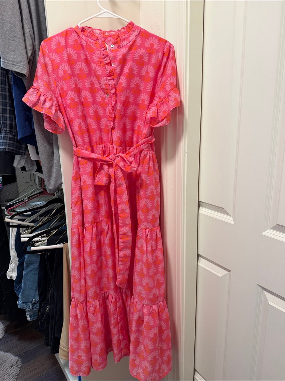 Pink Floral Tie-Waist Midi Dress